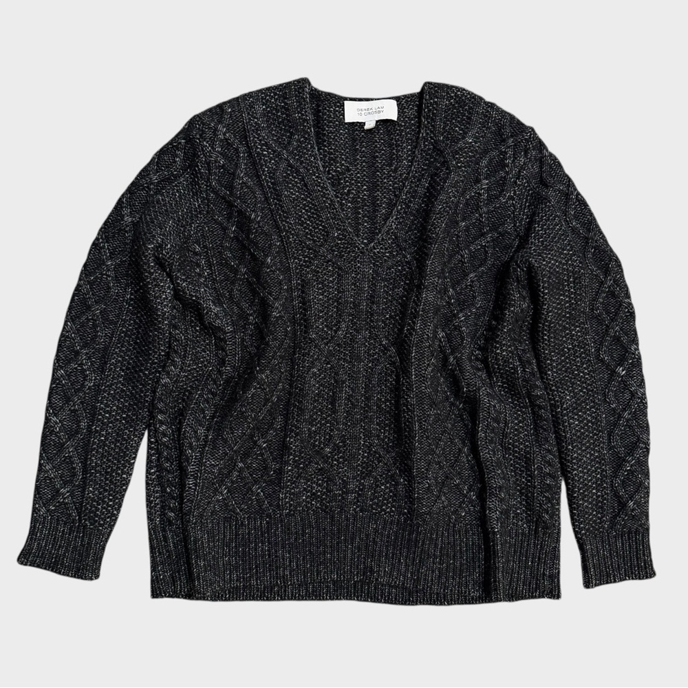 Derek‎ Lam 10 Crosby V-Neck Cable-Knit Sweater Size Small Wool Blend Black